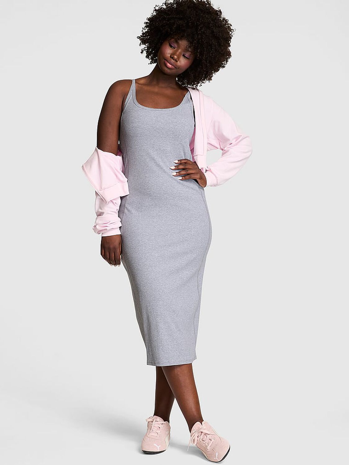 vs Pink All-Day Soft Rib High-Neck Midi Dress Medium Heather Grey 1 of 3 