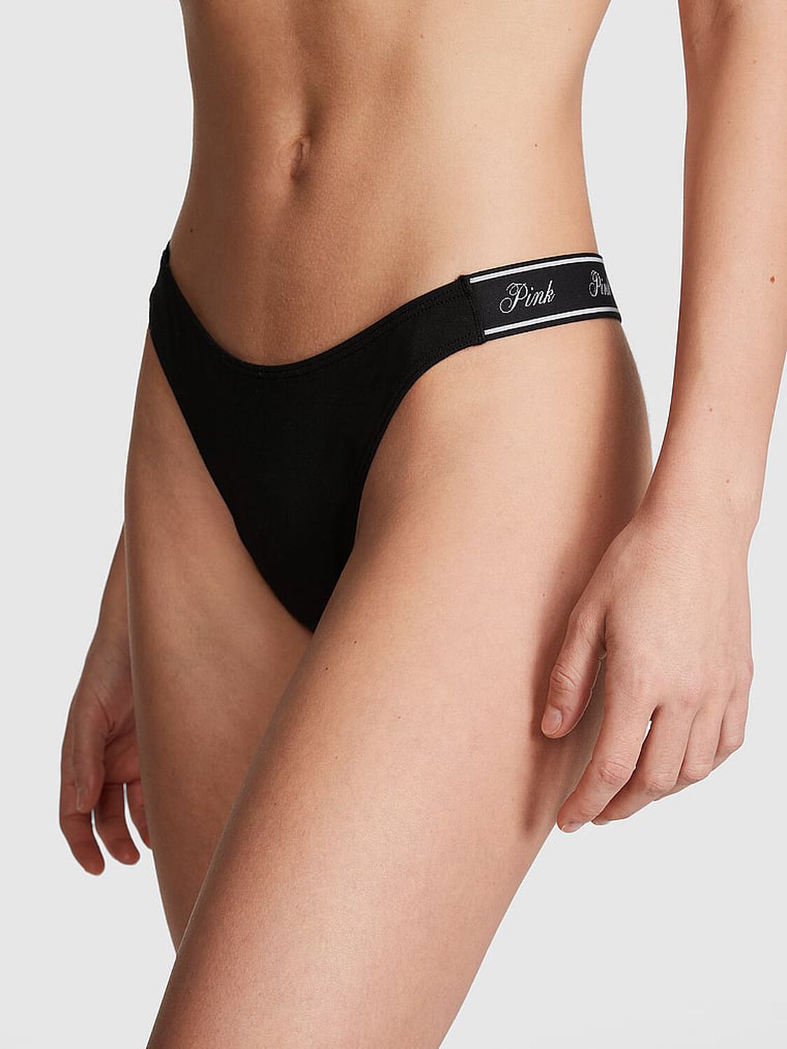 vs Pink Logo Cotton High-Leg Thong Panty Pure Black 1 of 3 
