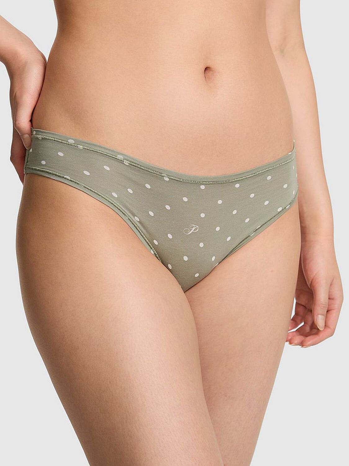 vs Pink Cotton Cheeky Panty Slate Green Dot "P" 1 of 3 