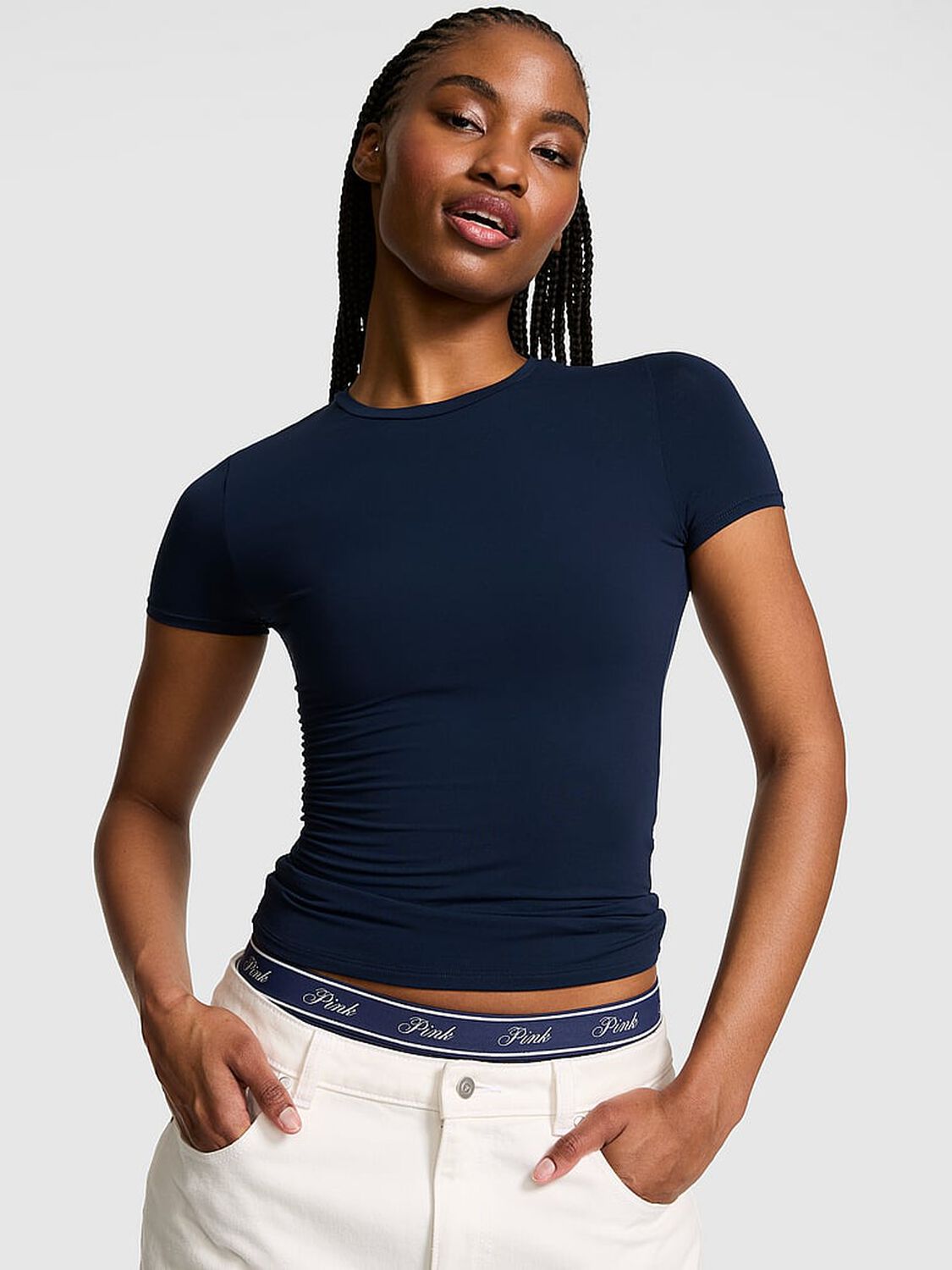 vs Pink PINK Base Stretch&trade; Short-Sleeve Tee Noir Navy 1 of 3 