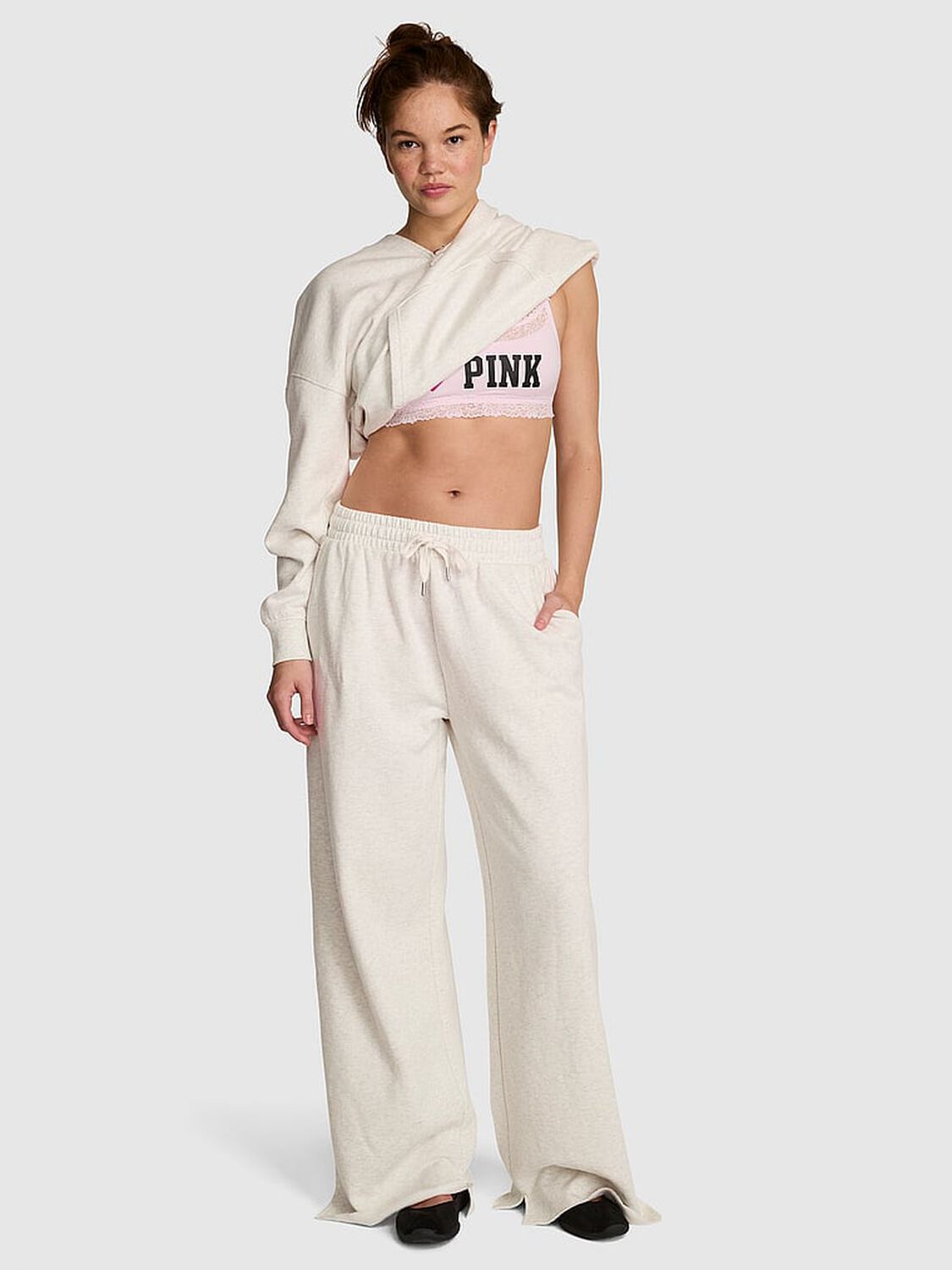 vs Pink Campus Fleece&trade; Wide-Leg Split-Hem Sweatpants Snow Heather 1 of 2 
