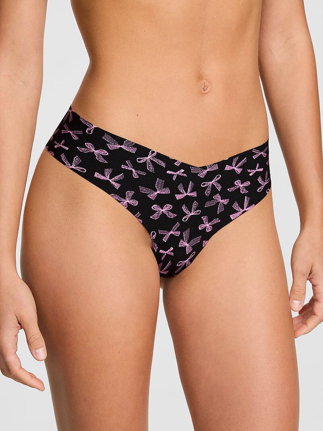 vs Pink No-Show Thong Panty Black Lace Bow Print 1 of 2 