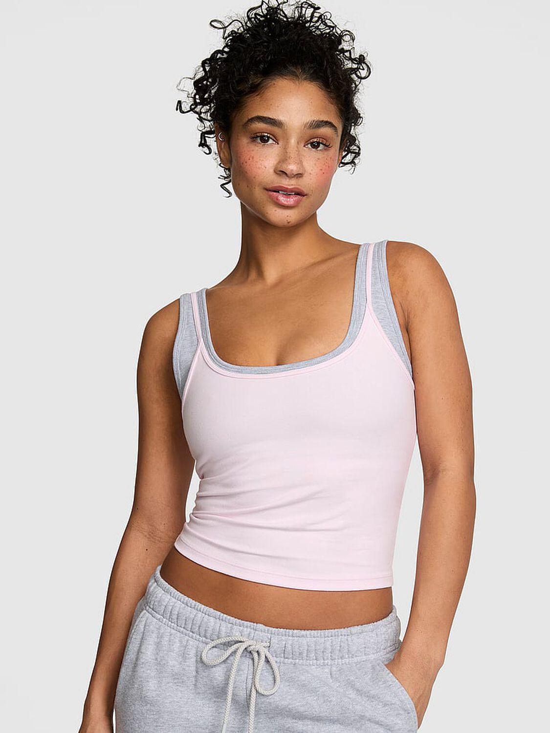 vs Pink All-Day Cotton&trade; Double Up Tank Pink Tulip With Medium Heather Grey 1 of 4 