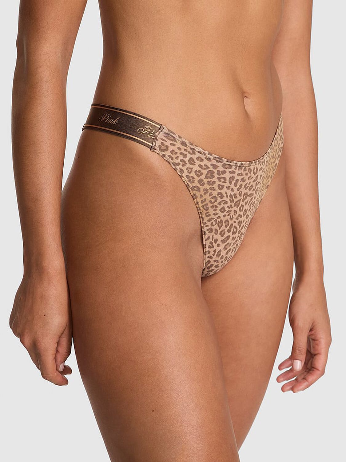 vs Pink Logo Cotton Shine High-Leg Thong Panty Birch Brown Leopard Print 1 of 3 