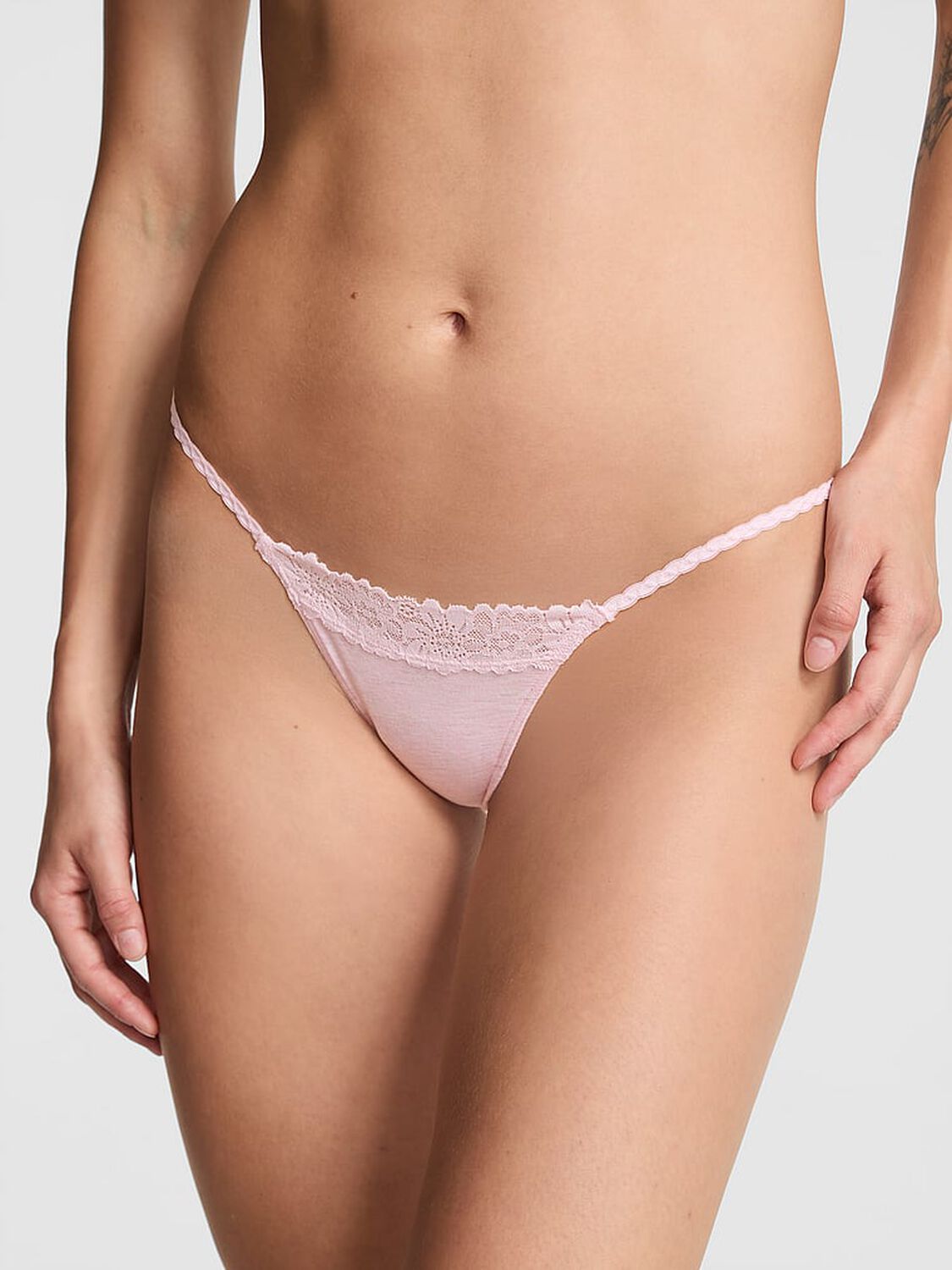 vs Pink Cotton Lace-Trim Micro Thong Panty Heather Pink Petal Silver 1 of 2 