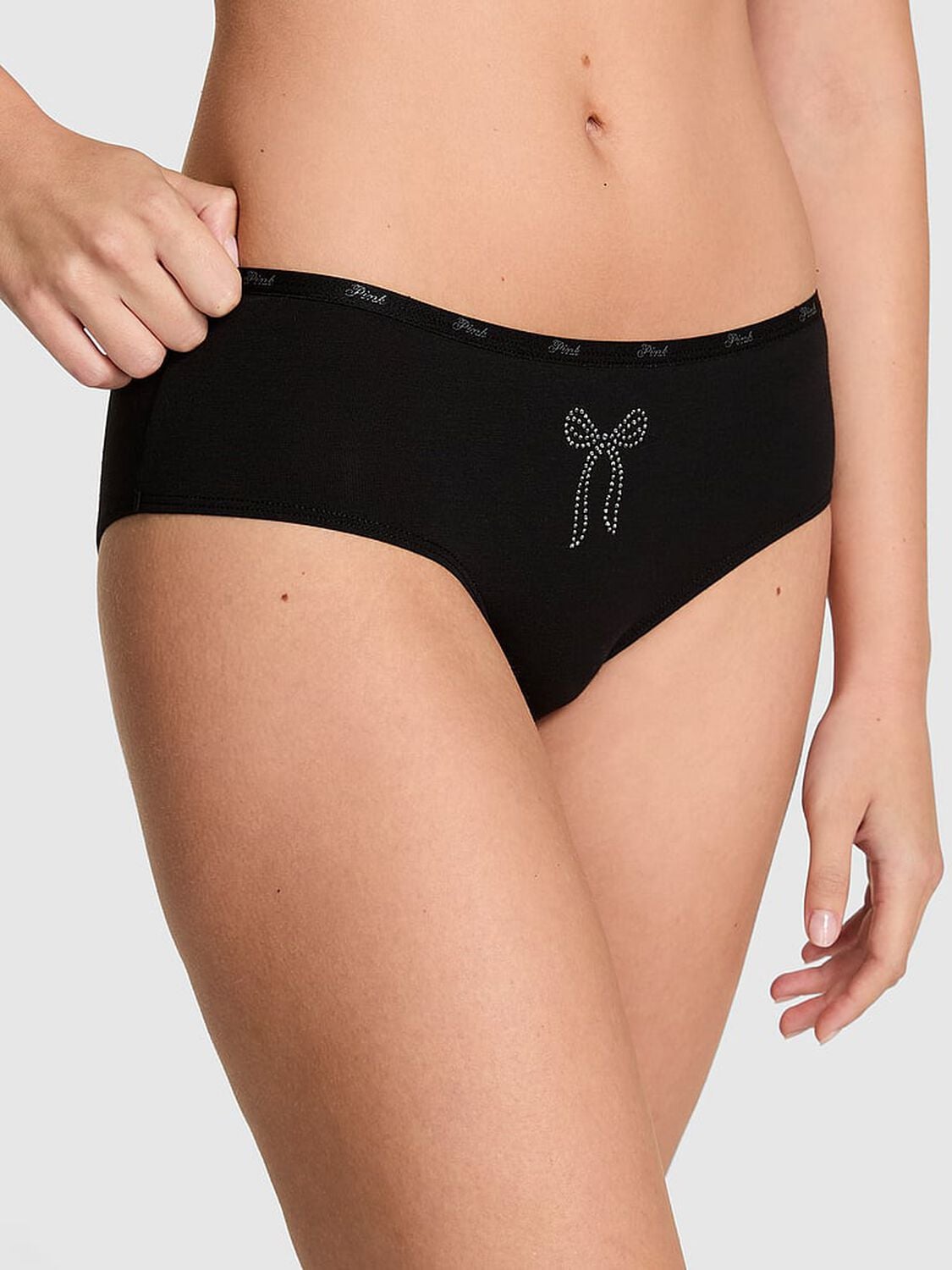 pink Pink Logo Cotton Hiphugger Panty Black Bow Diamante Graphic 1 of 3 