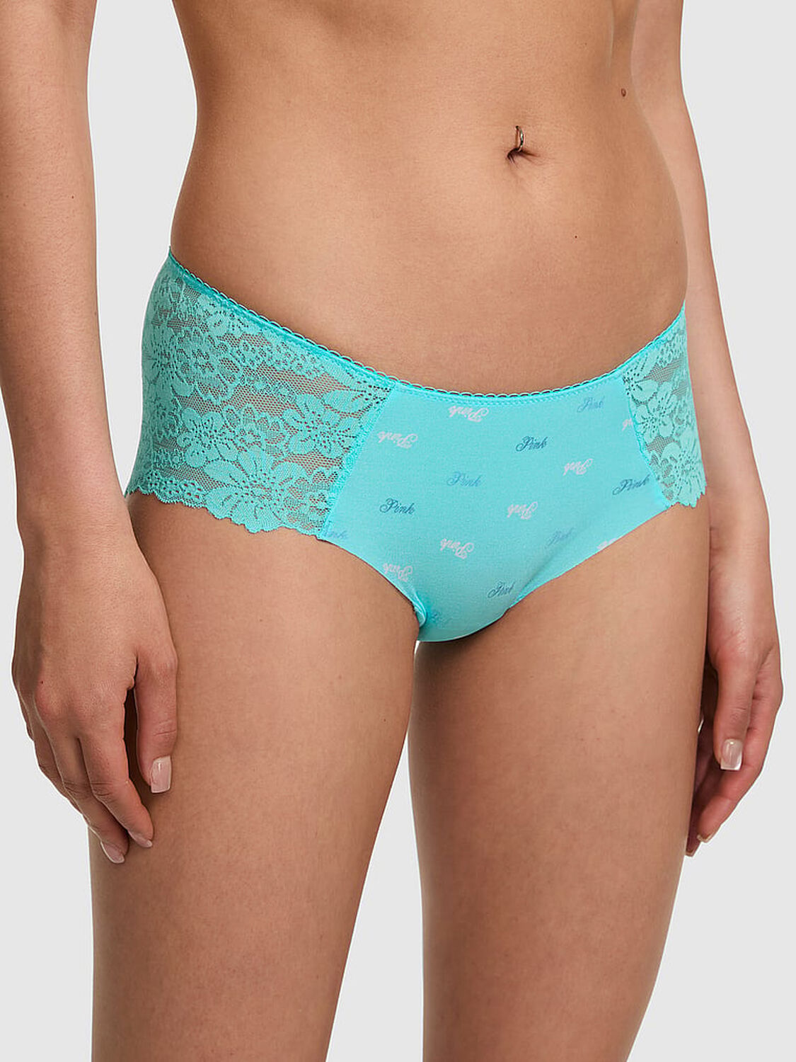 vs Pink No-Show Hiphugger Panty Aqua Chill Heritage Script Print 1 of 3 