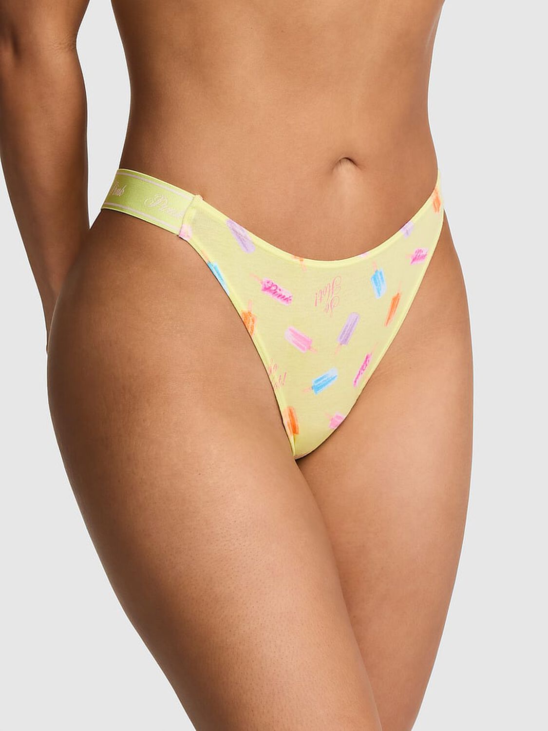 vs Pink Logo Cotton Shine High-Leg Thong Panty Tropical Pear Popsicle Print 1 of 2 