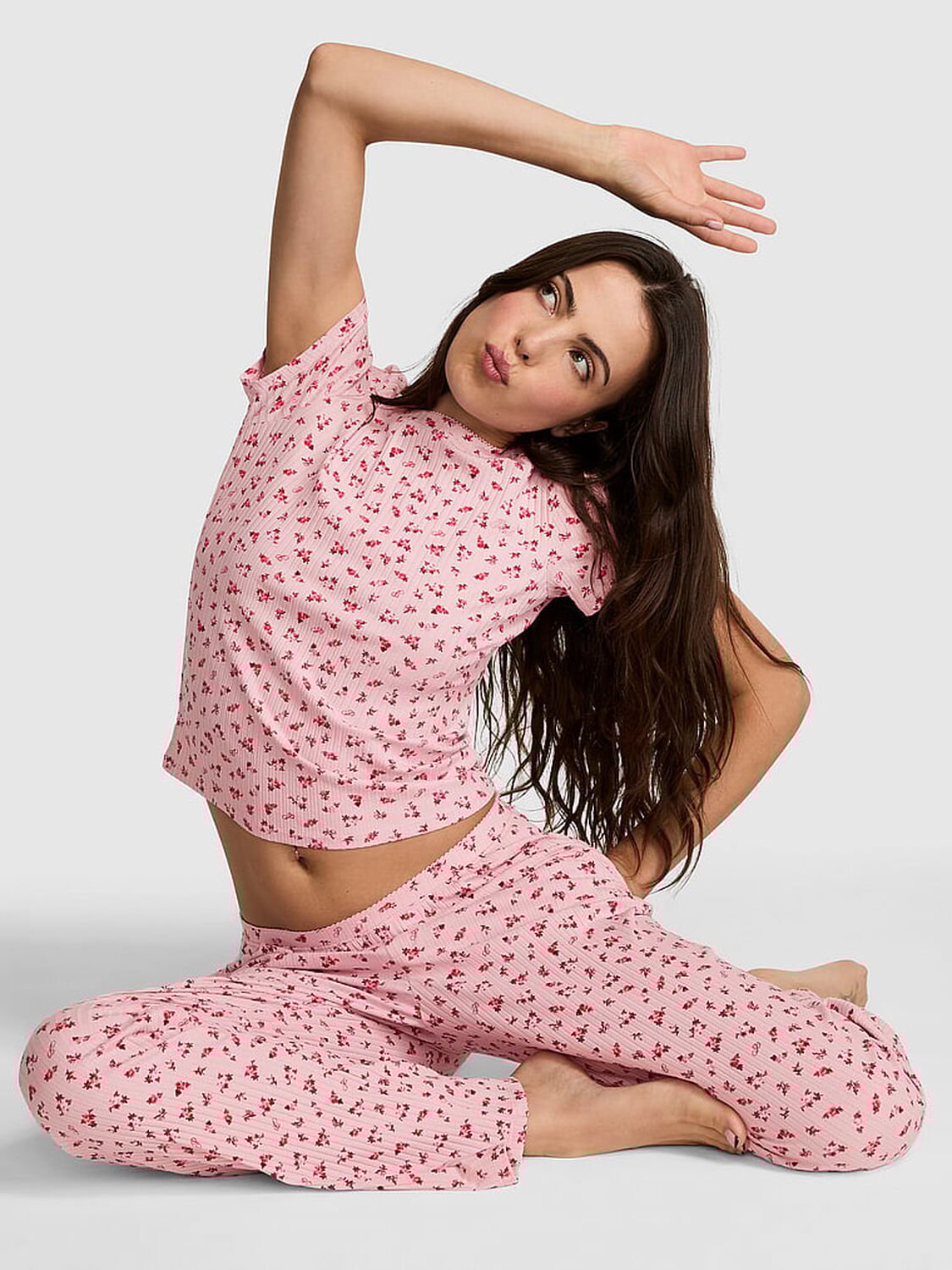 vs Pink Wide-Ribbed Long Pajama Set Print 1 of 3 