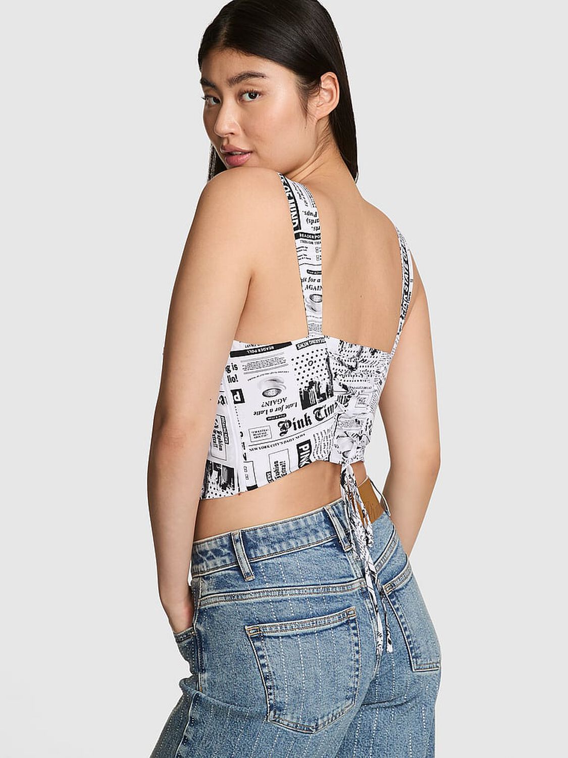 vs Pink Lace-Up Corset Top Newpaper Print 2 of 3 