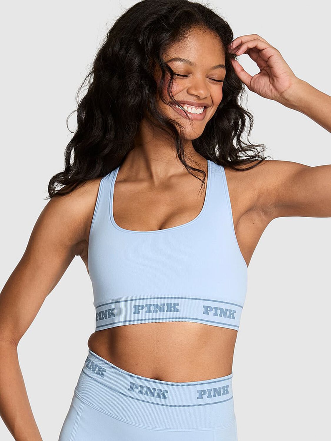 vs Pink Seamless Reversible Sports Bra Light Blue Lurex Star Bling 1 of 2 