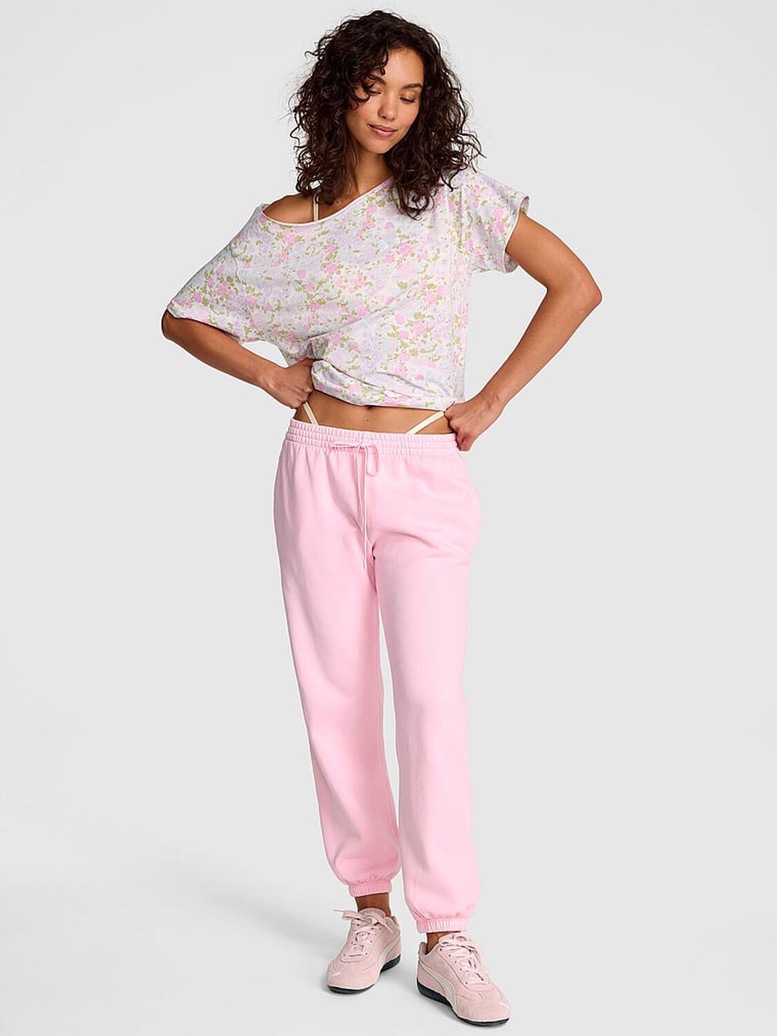 vs Pink Campus Cotton&trade; Off-The-Shoulder Tee Snow Heather Floral 1 of 4 