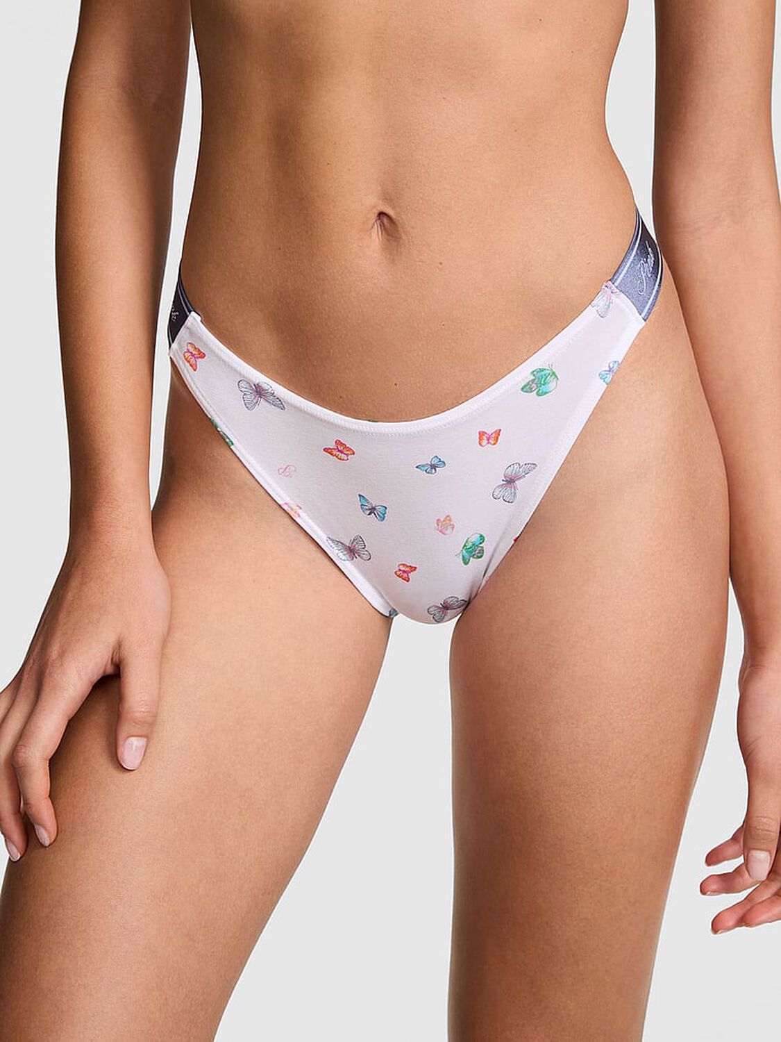 vs Pink Logo Cotton Shine High-Leg Thong Panty White Multicolor Butterfly 1 of 3 