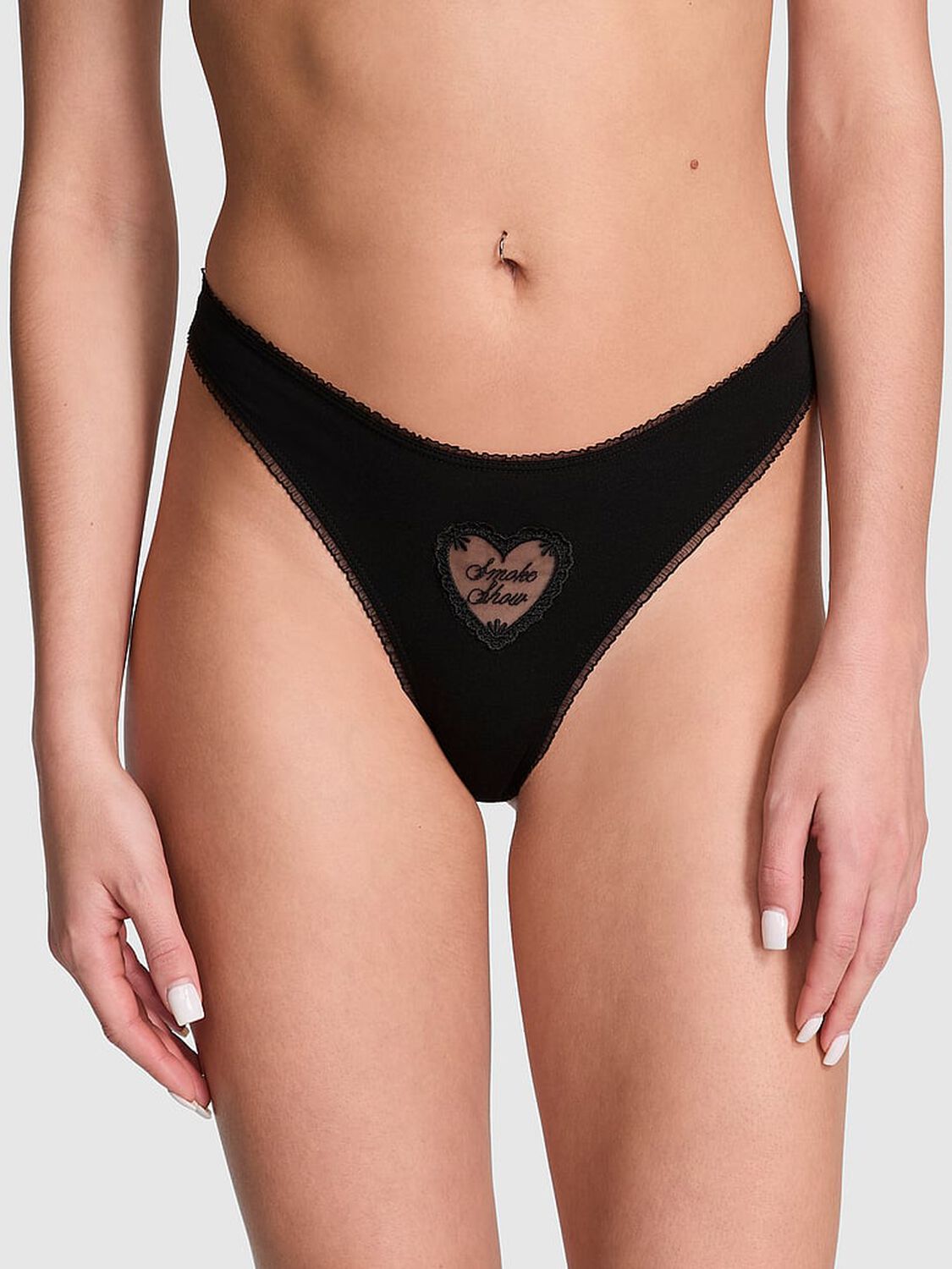 vs Pink Cotton Thong Panty Black Mesh Heart Graphic 3 of 3 