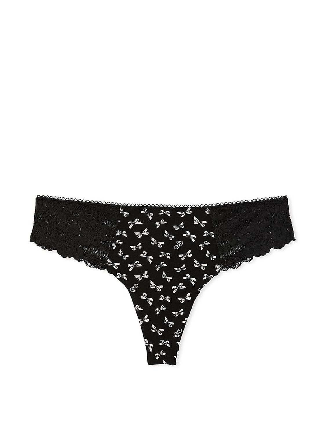 vs Pink No-Show Thong Panty Pure Black Bow Print 3 of 3 