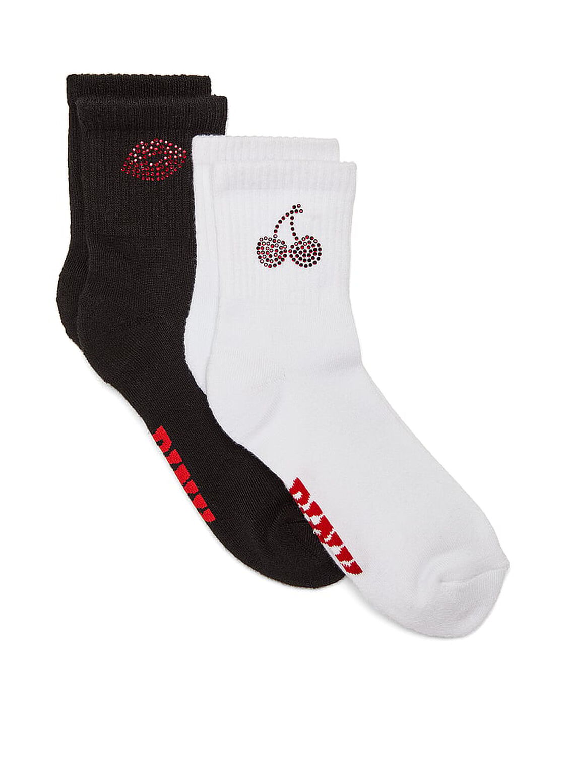 pink Pink 2-Pack Quarter Socks Black Rhinestone Lips/Vs White Red Rhinestone Cherries 1 of 2 