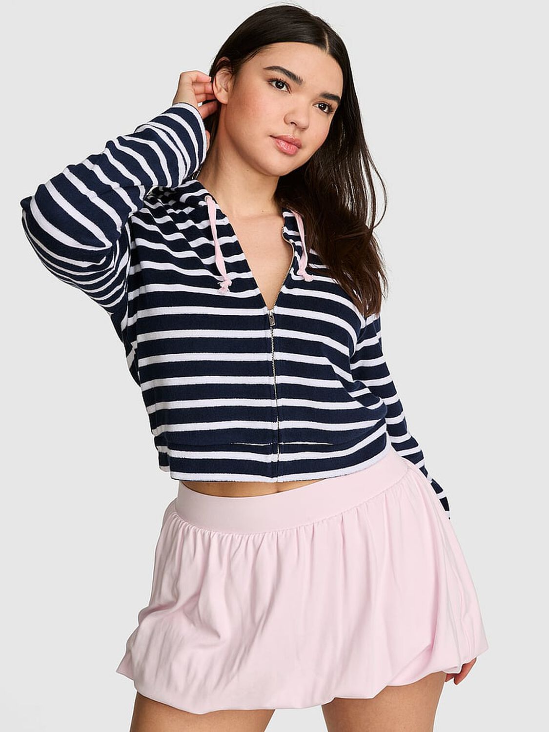pink Pink Terry Full-Zip Cover-Up Hoodie Noir Navy Stripe 1 of 4 
