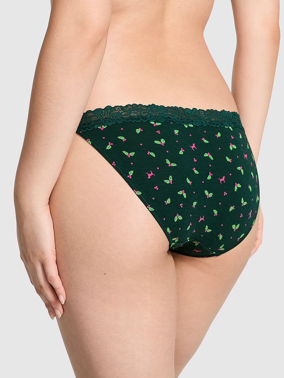 vs Pink Cotton Lace-Trim String Bikini Panty Deep Forest Holly Print With Deep Forest Lace 2 of 2 