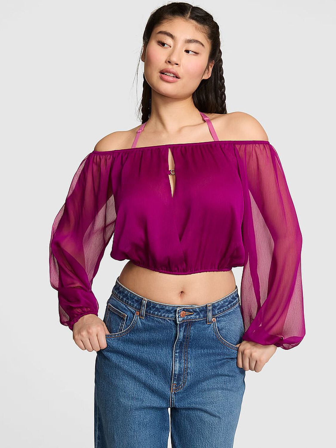 vs Pink Chiffon Long-Sleeve Off-The-Shoulder Top Magenta Rose 1 of 3 