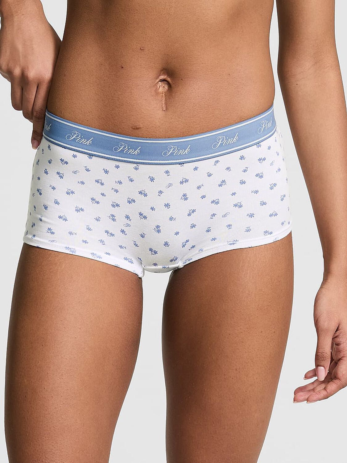 vs Pink Logo Cotton Shine Boyshort Panty White Blue Floral Print 1 of 3 