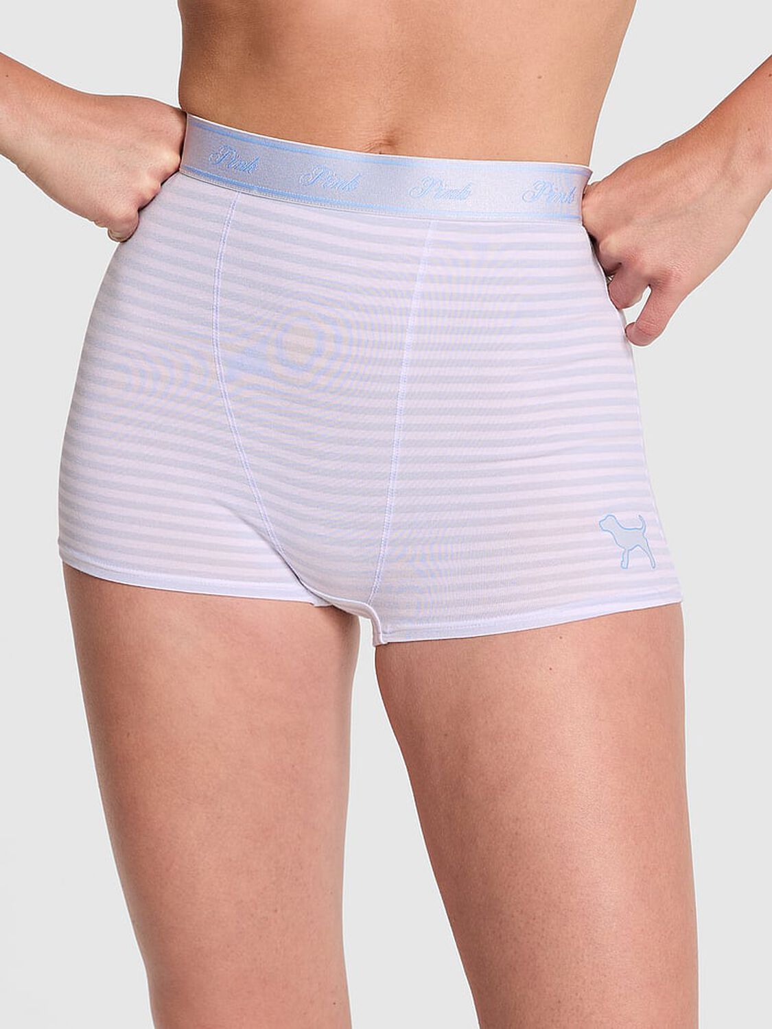 vs Pink Logo Cotton High-Waist Boyshort Panty Hydrangea Blue Stripe Dog Graphic 1 of 3 