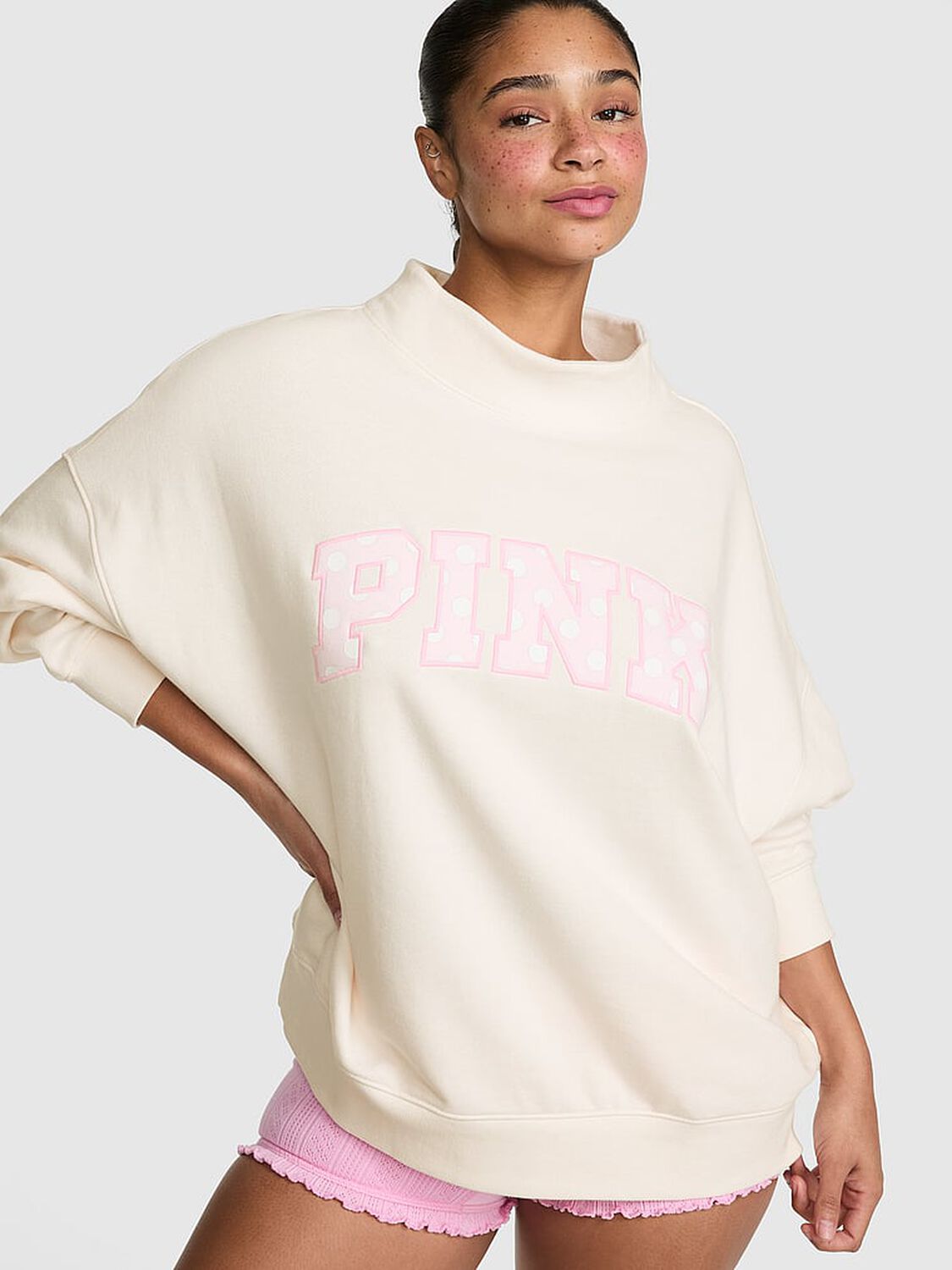 vs Pink Campus Fleece&trade; Oversized Mock-Neck Sweatshirt Cozy White 1 of 4 