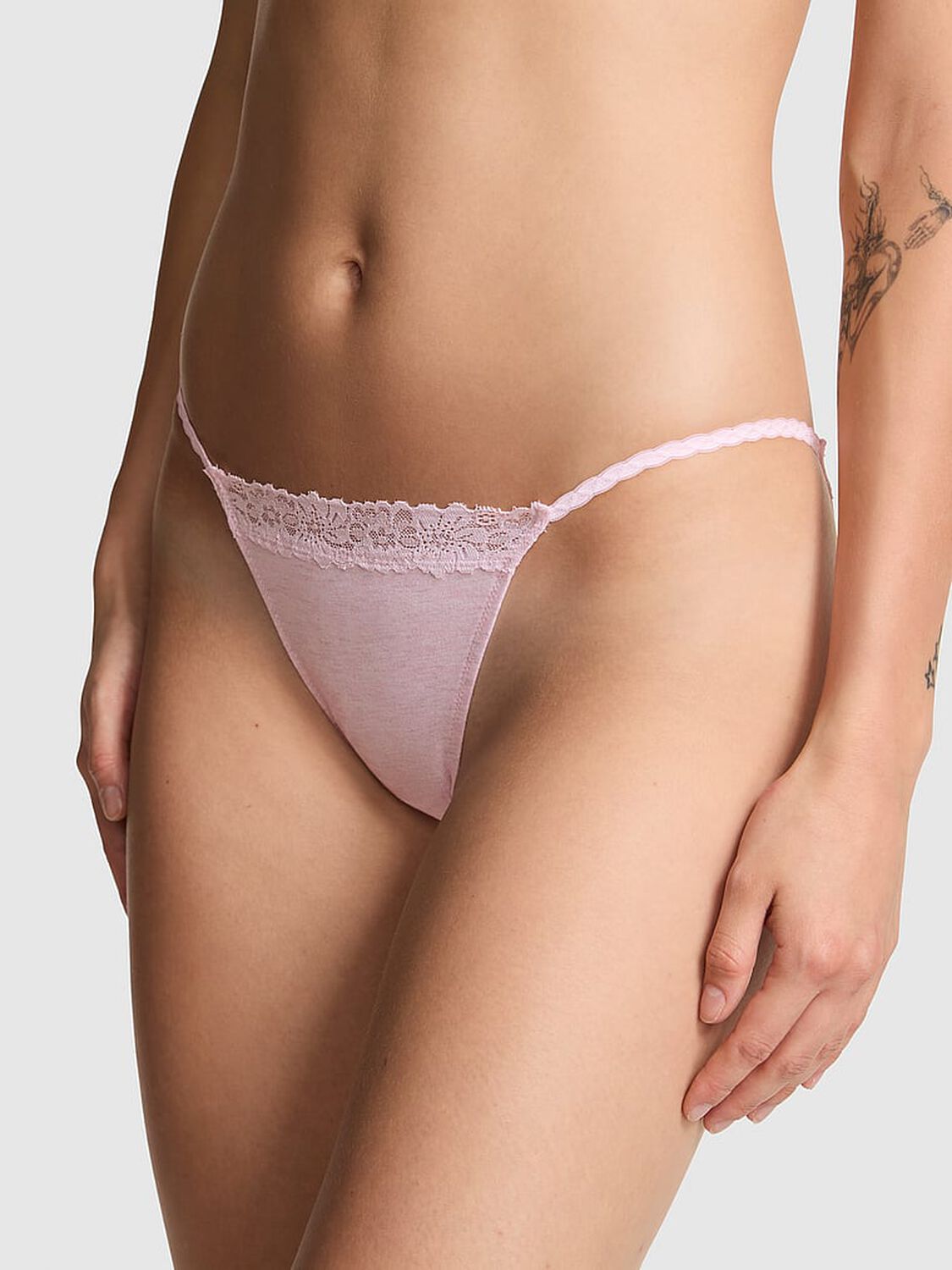 vs Pink Cotton Lace-Trim String Bikini Panty Heather Pink Petal Silver 1 of 2 
