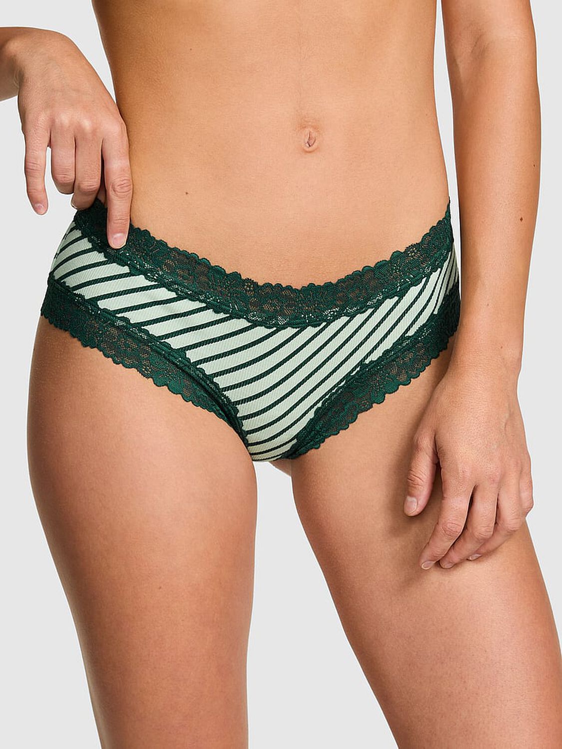 vs Pink Wink Lace-Trim Cheeky Panty Deep Forest Stripe Print 1 of 3 