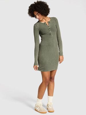Vintage Ribbed Henley Long-Sleeve Dress