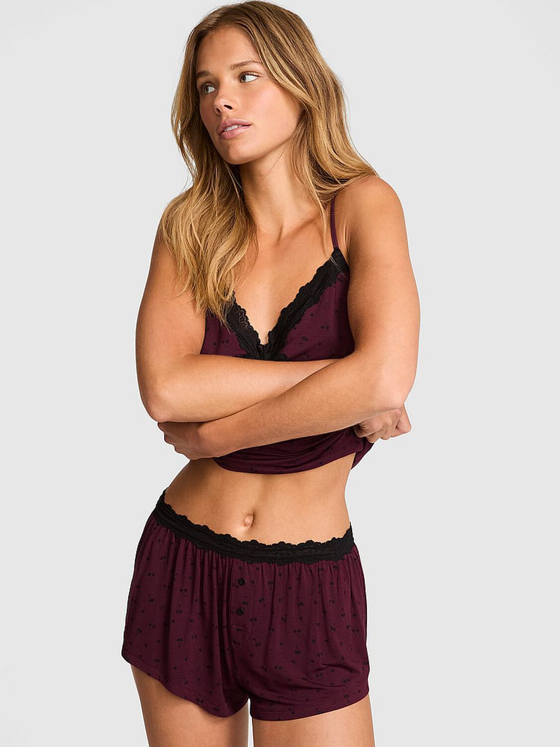 vs Pink 24/7 Lounge Modal Lace-Trim Micro Shorts Cherry Ditsy 1 of 3 