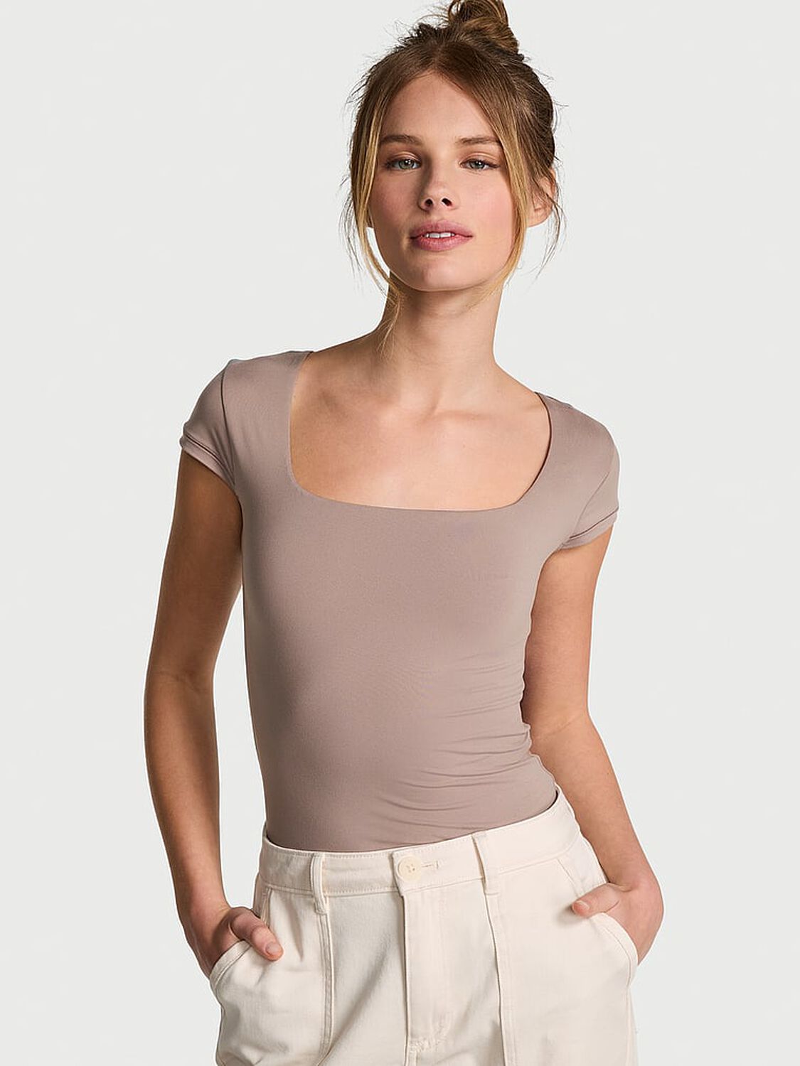 vs Pink Base Stretch Cap-Sleeve Tee Iced Coffee 1 of 3 