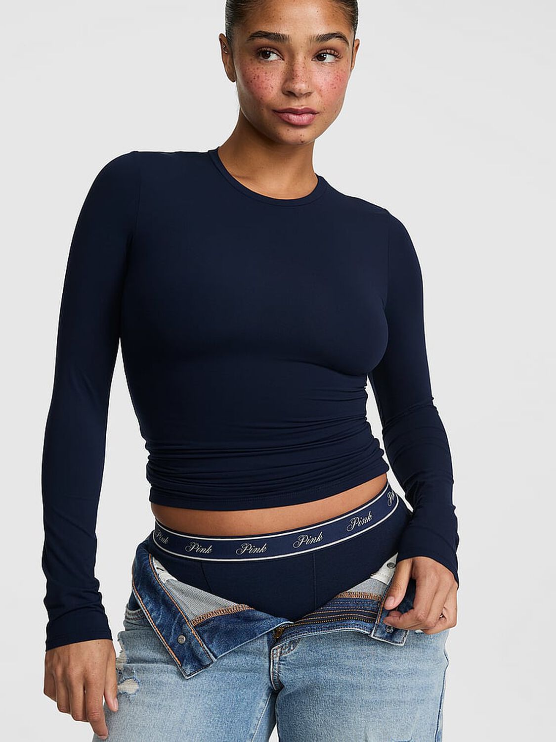 vs Pink PINK Base Stretch&trade; Long-Sleeve Tee Noir Navy 1 of 3 
