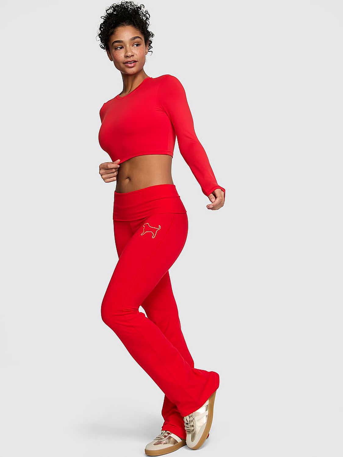 vs Pink All-Day Cotton Foldover Flare Leggings Red Pepper Foil Santas Fave 1 of 3 