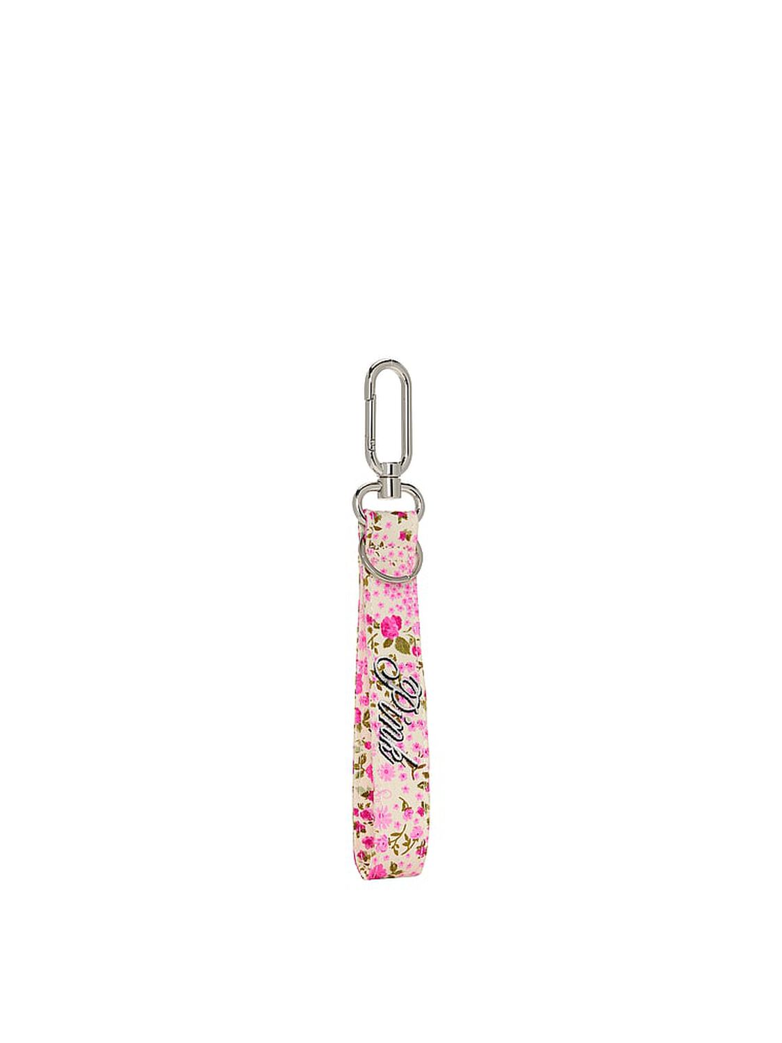 vs Pink Wristlet Strap Keychain Pink Floral & Black Script 1 of 2 