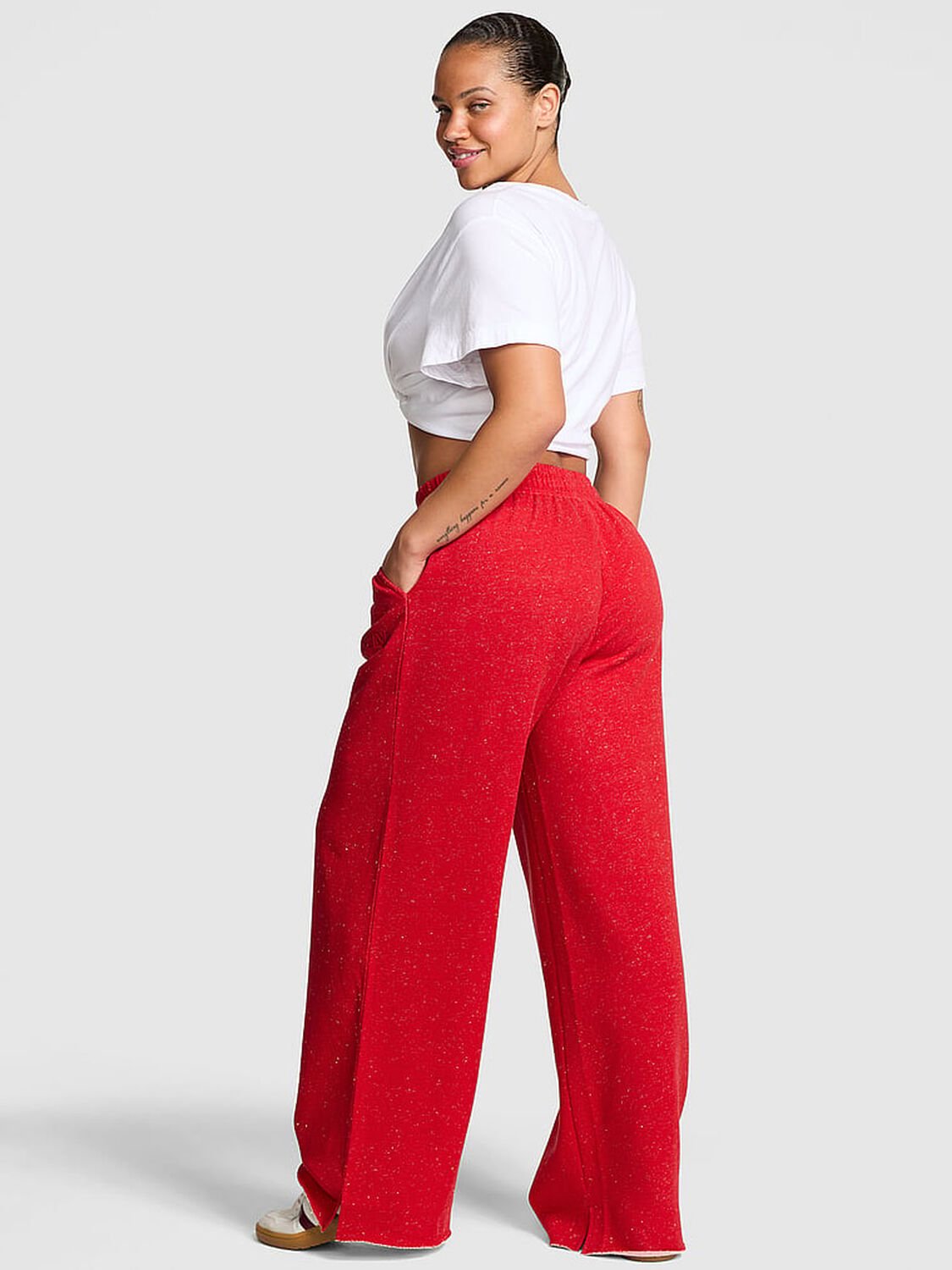 vs Pink Ivy Fleece Wide-Leg Split-Hem Sweatpants Heathered Bright Vermillion Woven Shine 2 of 2 