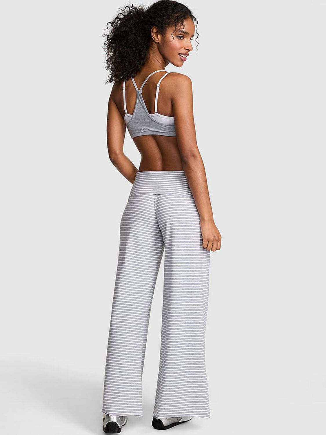 vs Pink All-Day Cotton&trade; Foldover Wide-Leg Pants Grey Stripe 2 of 3 