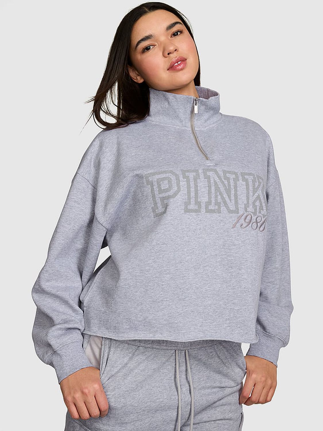 vs Pink Campus Fleece&trade; Quarter-Zip Straight-Cut Sweatshirt Medium Heather Grey Spring 1 of 3 