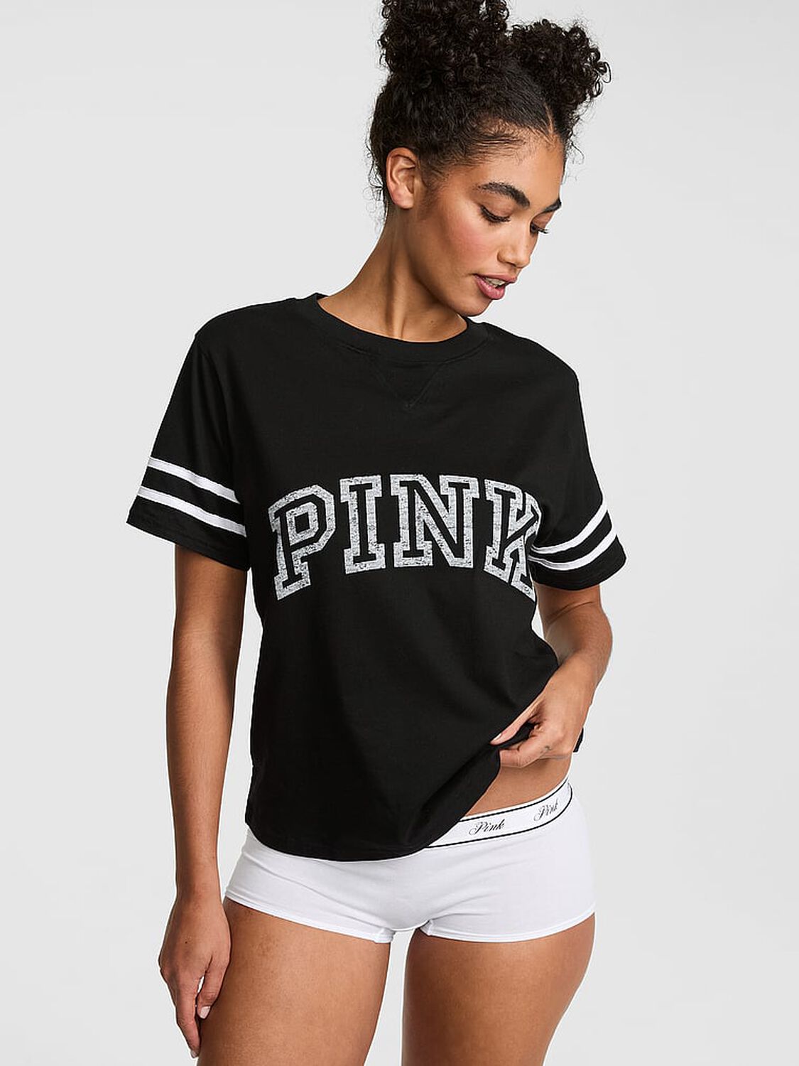 vs Pink Campus Cotton&trade; V-Stitch Crewneck Boxy Tee Pure Black 1 of 3 