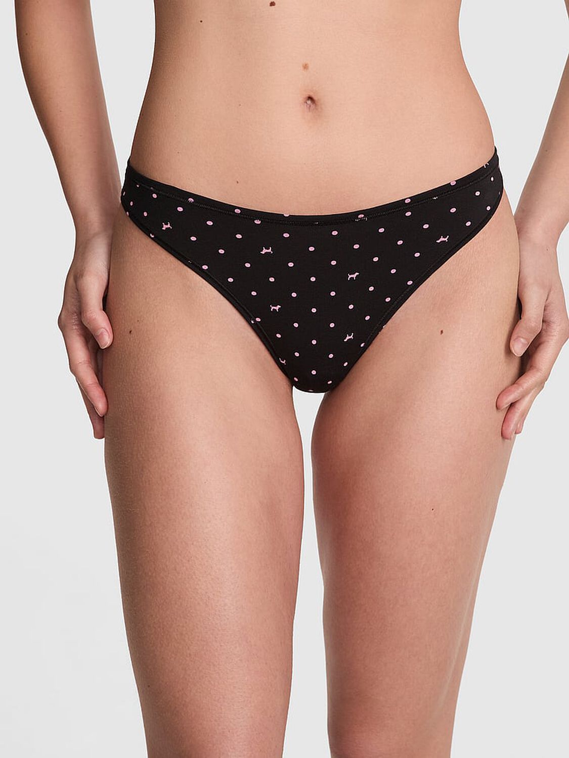vs Pink Cotton High-Leg Thong Panty Black Dot Dog Print 1 of 3 