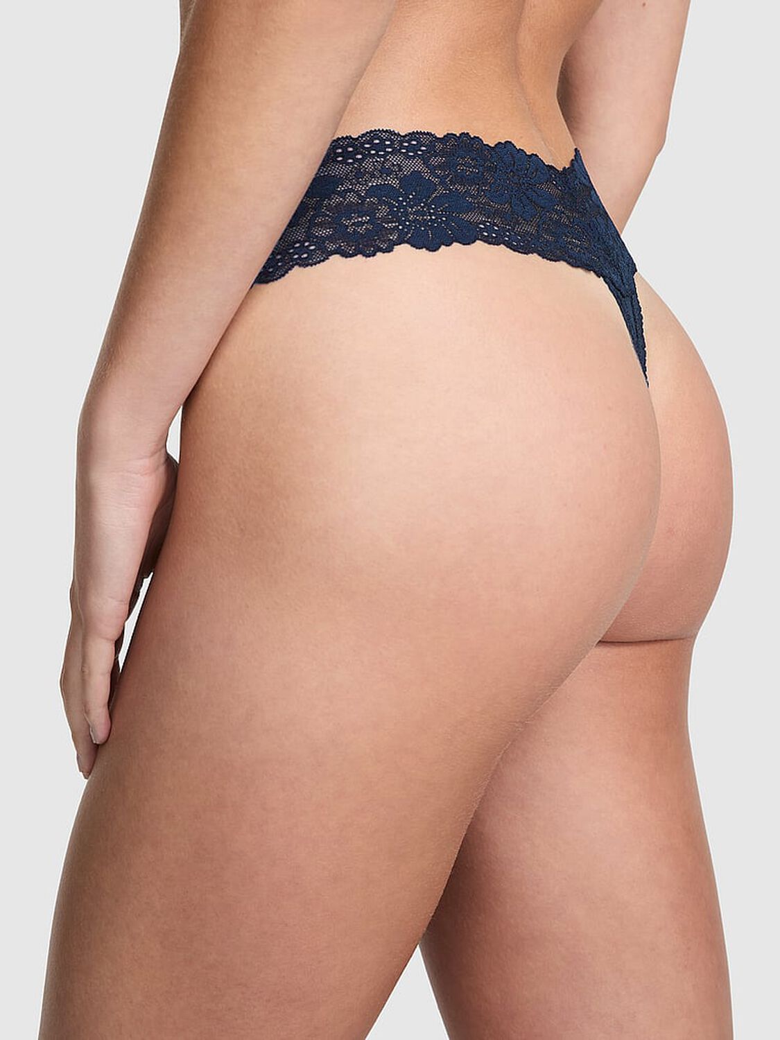 vs Pink PINK Wink&trade; Lace-Trim Thong Panty Noir Navy 2 of 3 