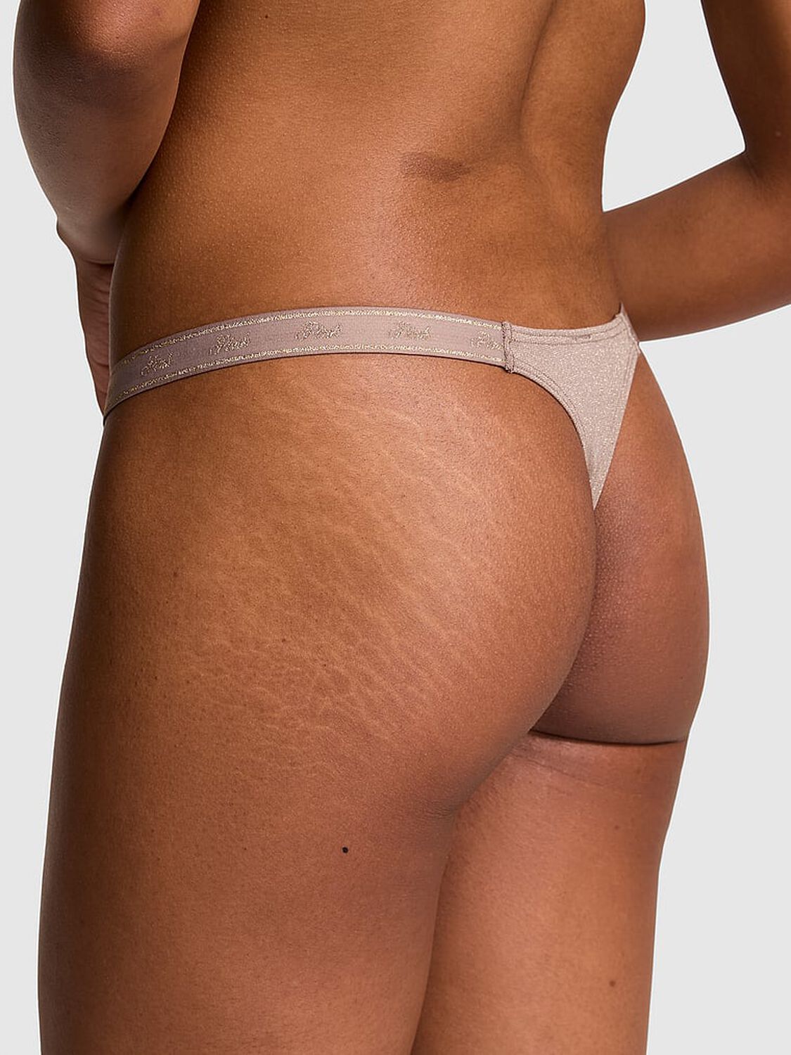 vs Pink Logo Cotton Shimmer Micro Thong Panty Iced Coffee Sparkle Knit 2 of 4 