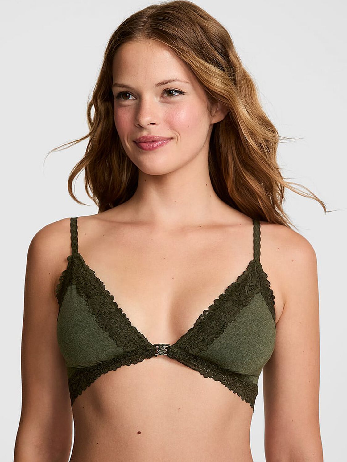 vs Pink Cotton Lace-Trim Front-Close Triangle Bralette Heather Midnight Forest 1 of 2 