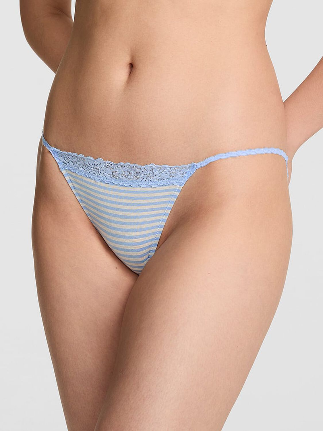 vs Pink Cotton Lace-Trim Bikini Panty Heather Blue Dancer Stripe Print 1 of 2 