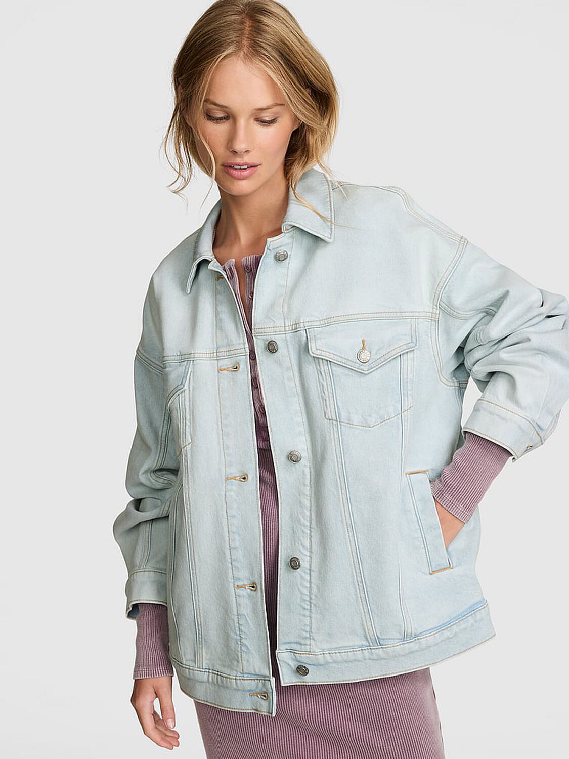 vs Pink Denim by PINK Oversized Trucker Jacket Super Light Wash 1 of 3 