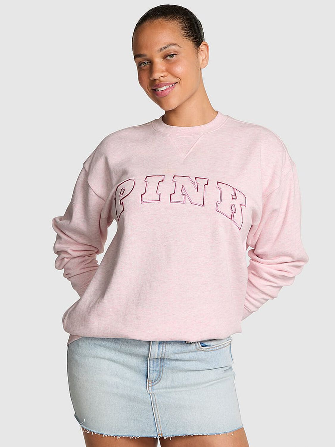 vs Pink Ivy Fleece Oversized Crew Sweatshirt Heather Pink Petal Silver Angelina 1 of 2 