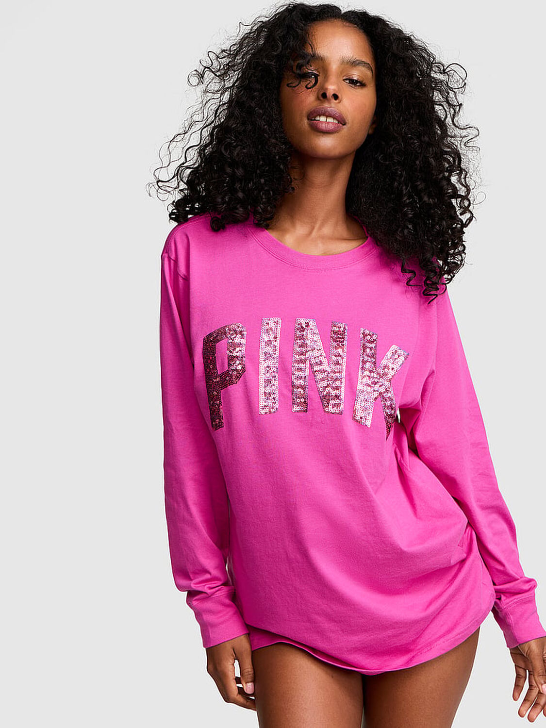 vs Pink Campus Cotton Bling Long-Sleeve Tee Pink Fire 1 of 2 