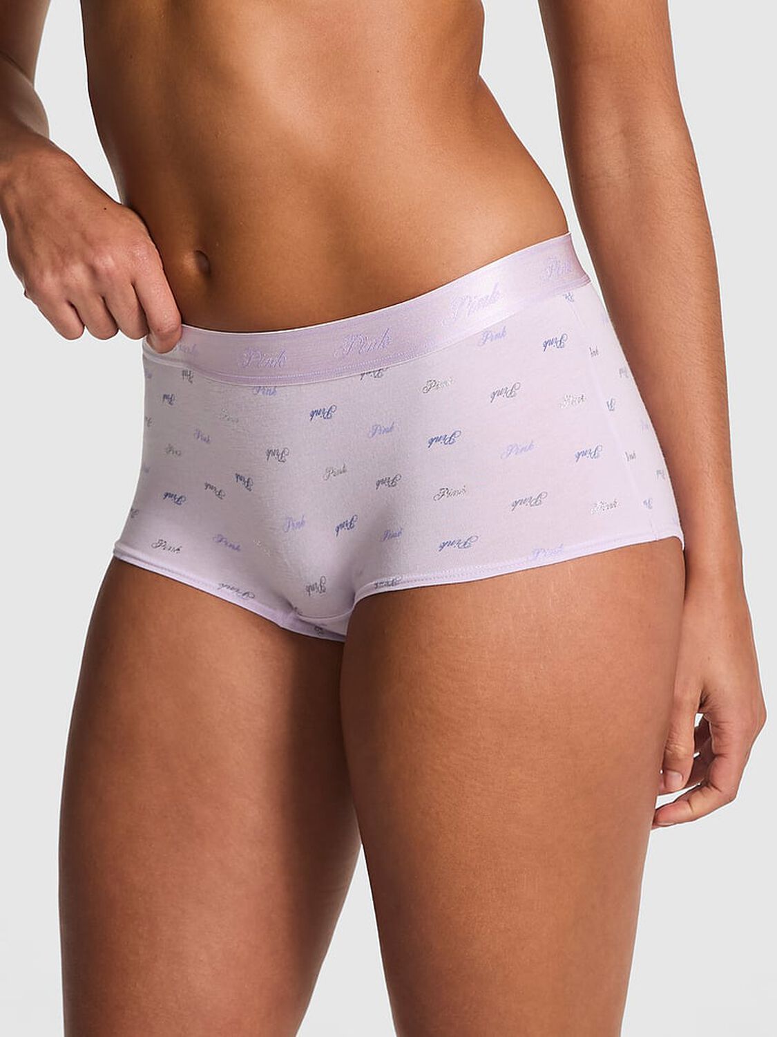 vs Pink Logo Cotton Boyshort Panty Purple Whisper Script Pink Print 1 of 4 