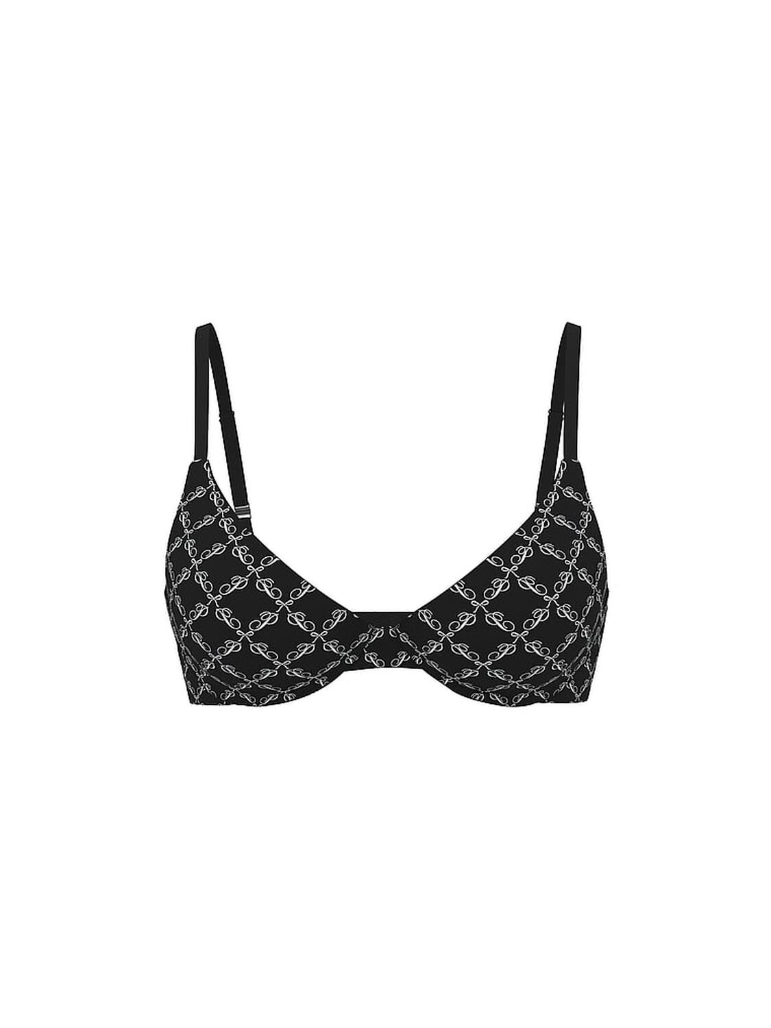 vs Pink Wear Everywhere Wear Everywhere Push-Up Bra Black Script Bow Print Shine 1 of 2 