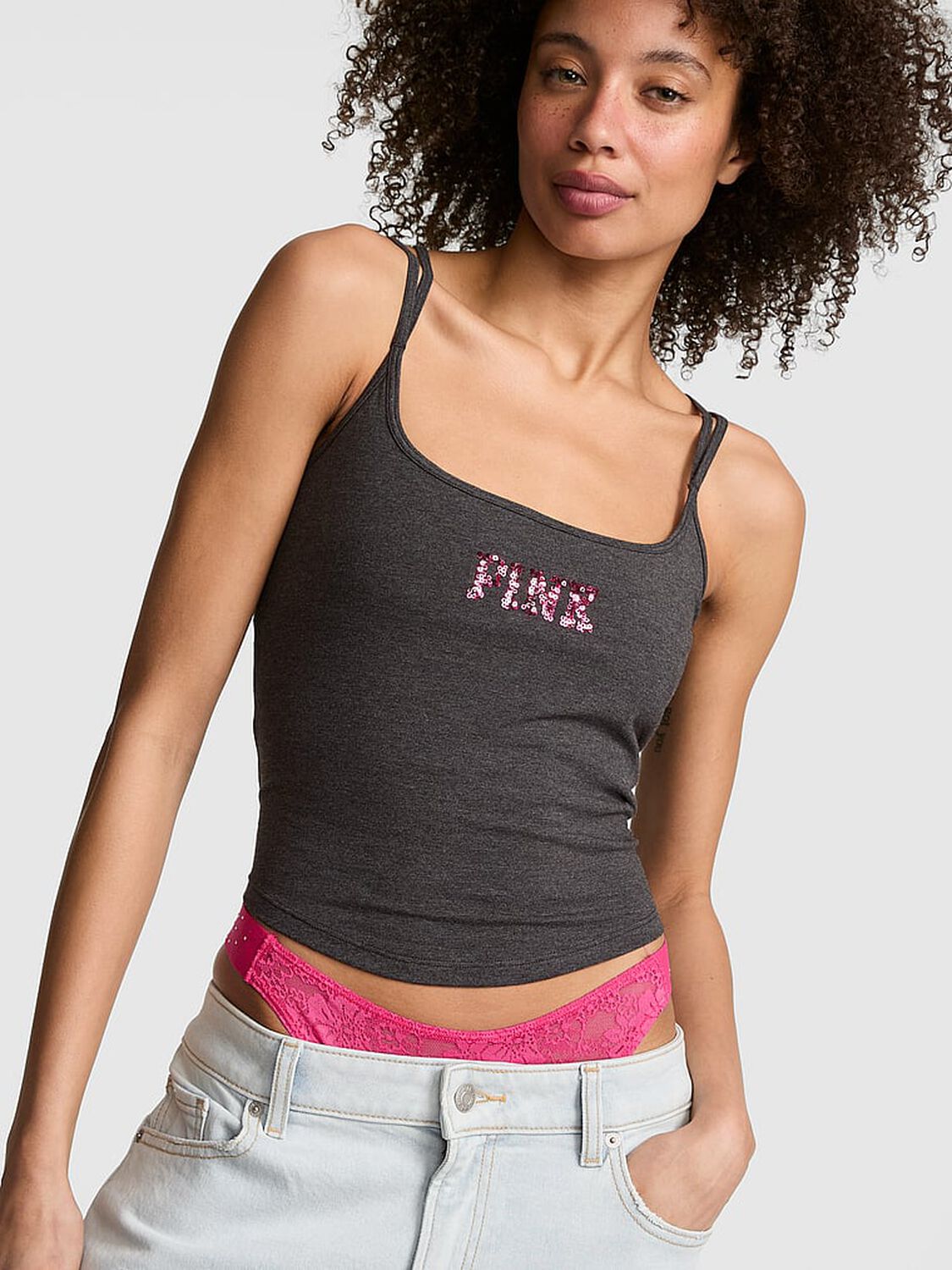 vs Pink All-Day Cotton&trade; Strappy Tank Top Charcoal Heather With Sequins 1 of 3 