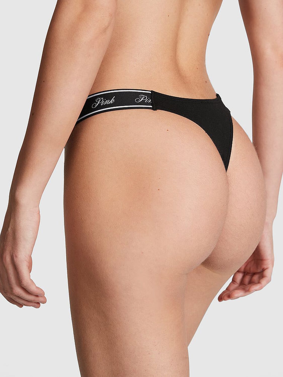 vs Pink Logo Cotton High-Leg Thong Panty Pure Black 2 of 3 